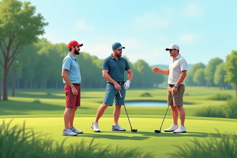 Two male golfers discussing a shot on the green.