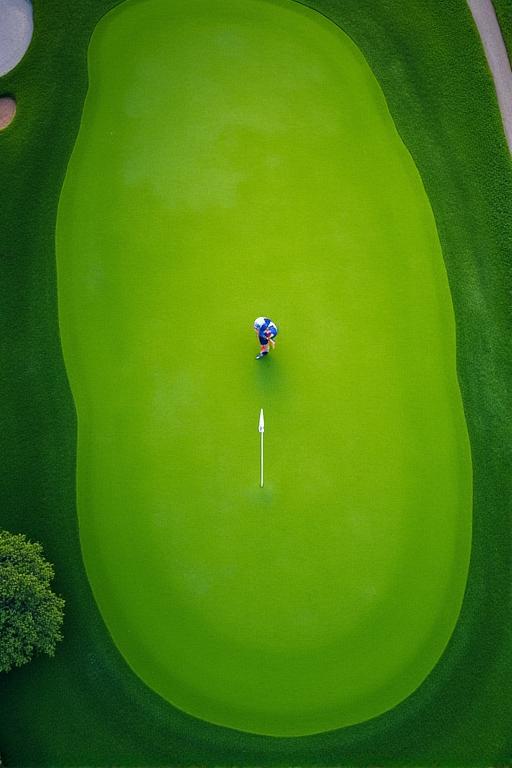 Aerial view of a golfer on a perfectly manicured green.
